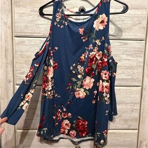 Elegant Floral Cold Shoulder Blouse - Blue and Red